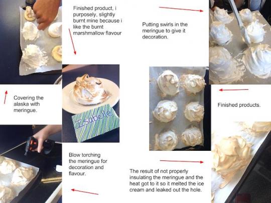 Annotated photos of the process of making baked alaska