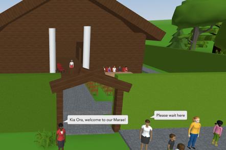 Digital wharenui with people asking the guests to wait at the entrance of the marae
