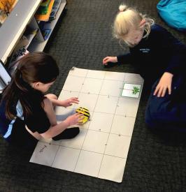two students programming a beebot to follow a course