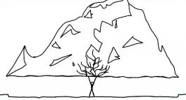 Line drawing of mountain and tree.