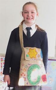 Student wearing her library bag