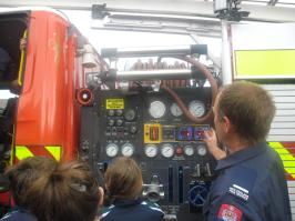 Year 6 students and a firetruck