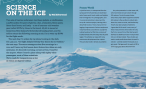 The first two pages of science on the ice. A large photo of a snow vehicle pulling luggage through the snow.