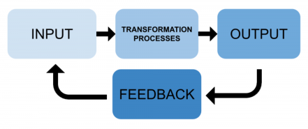 Basic Technological System representation showing Input - Transformation Processes - Output and a Feedback loop