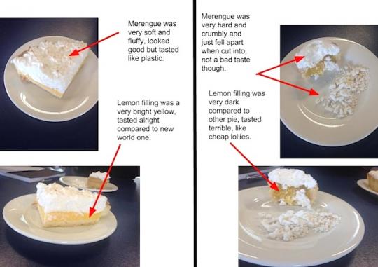 Annotated photos comparing bought lemon meringue pies