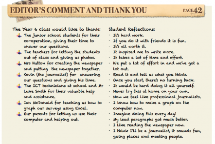 Thanks and student reflections from page 42 of the newspaper