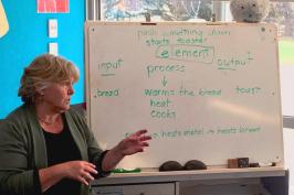 teacher with whiteboard explaining technological systems