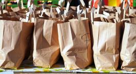 Paper bags lined up side by side.