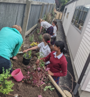 students working in the garden.