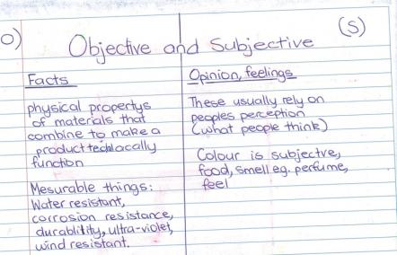 Student writing about objective and subjective properties