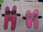 A student's two sketches of their Mr Monster toy