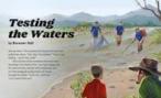 Front page of testing the waters, illustration of people testing the water in a river